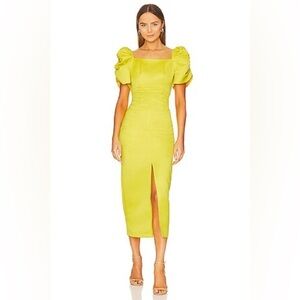 Revolve Yaura Tara Midi Dress Neon Yellow Women’s Size 2 Small Puff Sleeve NWT